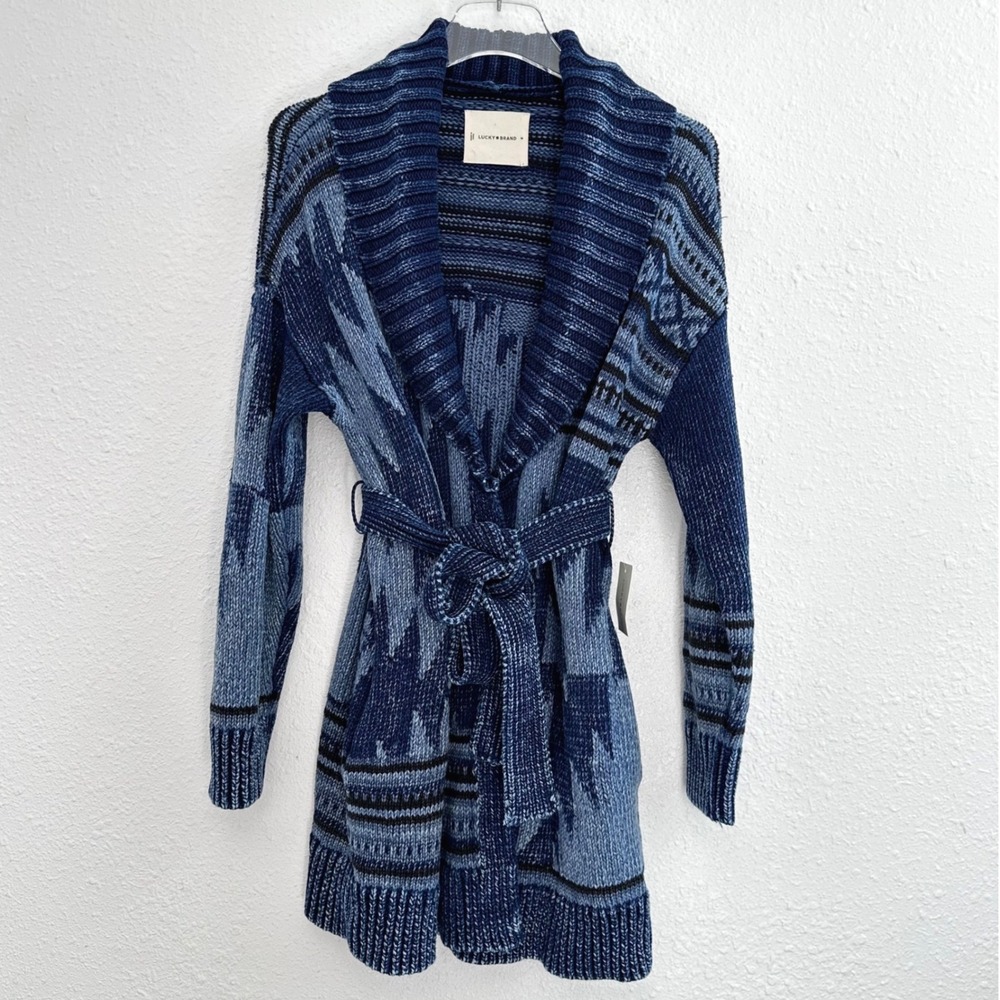 Lucky Brand Heritage Cardigan Women M Blue Heavy Knit Aztec Southwestern NWT
